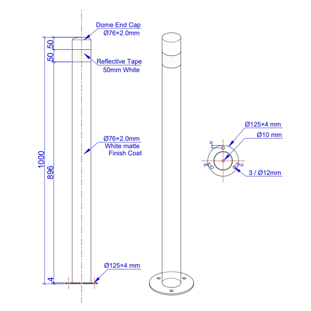 76mm x 1000mm Surface Mounted Stainless Steel White Bollard with Fixing Kit