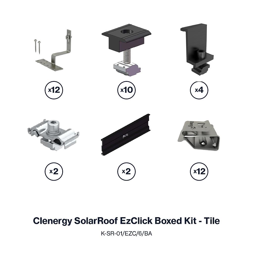 [K-SR-01/EZC/6/30/G/BA] Clenergy SolarRoof ezClick Boxed Kit - 6 Panel - Tile - 30mm Clamps - Black Anodized - Excludes Rails